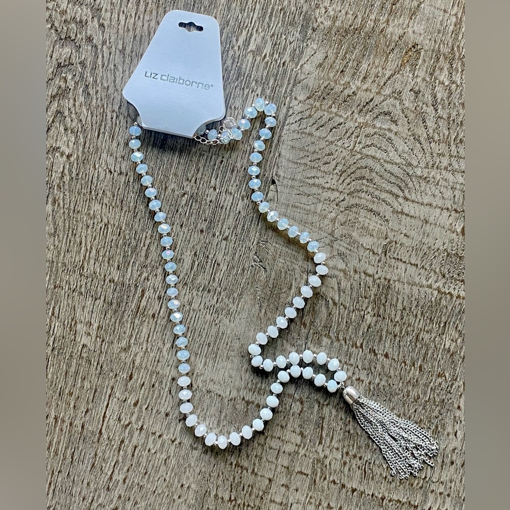 Liz Claiborne Necklace Silver Tone Long Chain Tassel 28” Costume Jewelry